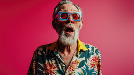 Poster - Senior man with gray hair and a beard, expressing surprise or excitement while wearing 3D glasses.