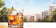 Scotch Or Whiskey Glass On The Table With A Large Hotel Complex On The Background.