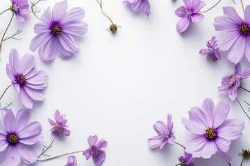 Poster - Purple flowers arranged in a circle on a white surface. Suitable for various floral arrangements and decorations