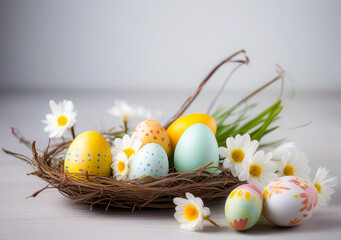 Close up tender blooming gypsophila flowers on background of rose, white and golden decorated easter eggs on white concrete background.