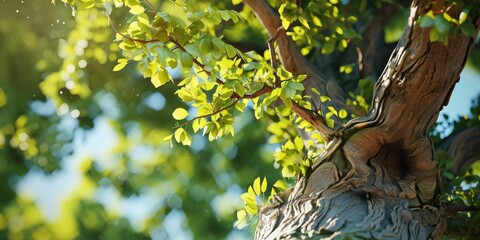 Poster - A detailed view of a tree trunk with vibrant green leaves. Perfect for nature-themed projects and educational materials