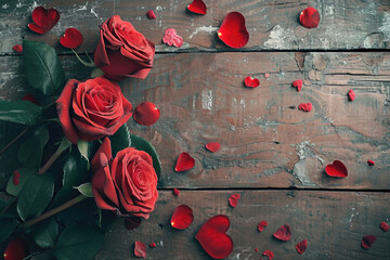 Poster - A beautiful bunch of red roses sitting on top of a wooden table. Perfect for romantic occasions or as a decorative element in any setting