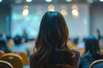 Poster - A view of the back of a woman's head in a conference room. Suitable for corporate and business-related themes