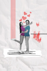 Poster - Creative vertical photo collage couple lovers stand hug each other share feelings valentine day relationship soulmates together