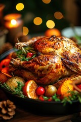 Poster - A delicious roasted chicken on a platter, ready to be served. Perfect for food-related designs and culinary projects