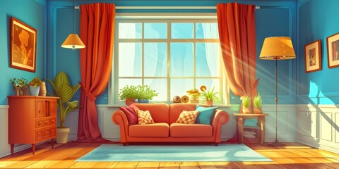 Aufkleber - A cozy living room with a comfortable couch and a large window. Perfect for home decor or real estate advertisements