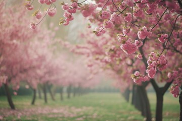 Poster - A row of trees with beautiful pink flowers. Perfect for adding a touch of color to any project