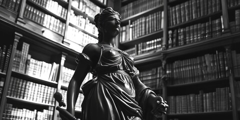 Sticker - Lady Justice statue standing in a library. Perfect for legal and justice-related concepts and designs