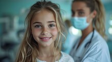 Smiling Young Girl In Foreground With A Masked Health Worker Behind Her. A Moment Of Care And Assurance In Medical Settings. AI