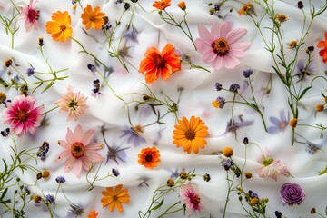 Poster - A bunch of flowers on a white cloth. Perfect for adding a touch of nature to any setting
