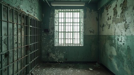 Poster - A picture of a jail cell with a window and bars. Can be used to depict incarceration, imprisonment, or criminal justice themes