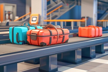 Poster - Three pieces of luggage sitting on a conveyor belt. Suitable for travel-related designs and concepts