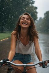 Poster - A woman riding a bike in the rain. Suitable for outdoor activities or weather-related concepts