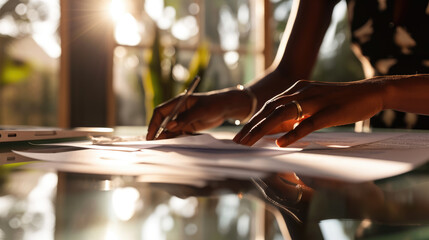 Wall Mural - Close-up of a person's hands sorting through a large stack of papers and documents secured with black binder clips