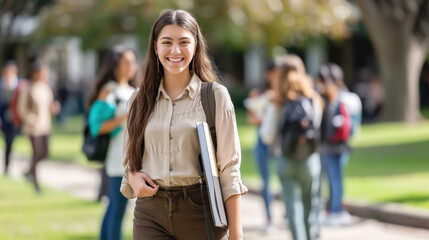 Sticker - Young female student smiling at the camera, holding a notebook and wearing a backpack, with other students in the blurred background