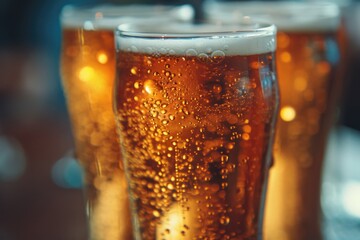 Poster - A detailed close-up view of a glass filled with beer. Perfect for illustrating the refreshing and bubbly nature of this popular beverage.