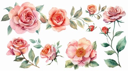 Poster - A set of beautiful watercolor roses on a clean white background. Perfect for adding a touch of elegance to any project or design