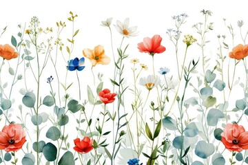 Poster - A beautiful watercolor painting depicting a vibrant field of flowers. Perfect for adding a touch of color and nature to any space