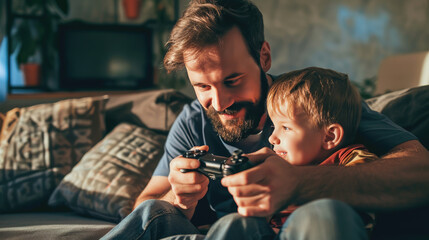 Wall Mural - Smiling man and a young boy are enjoying playing a video game together on a couch in a cozy living room.