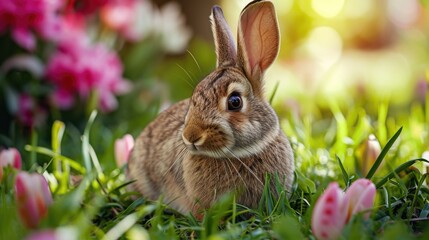 Poster - A cute rabbit sitting in the grass with beautiful flowers in the background. Perfect for nature and animal lovers.