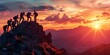Panoramic view of team of people holding hands and helping each other reach the mountain top in spectacular mountain sunset landscape, generative ai