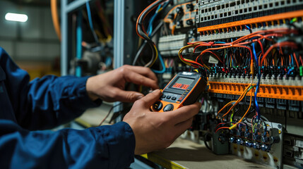 Wall Mural - A technician in professional attire is carefully using a digital multimeter to check or troubleshoot an electrical panel