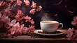 Une tasse de café et des fleurs sur une table en bois