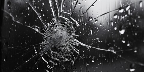 Poster - A shattered glass window with water droplets. Can be used to depict a broken or damaged concept