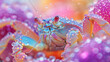 Macro shot of a crab, in bright colors with water drops, extreme close-up