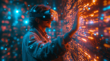 Wall Mural - Young man wearing virtual reality goggles. Future technology concept. 3D Rendering