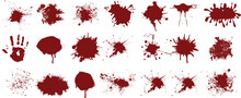 Blood Splatter Vector Set, Realistic Red Stains, Drops, Handprint. Ideal For Horror, Crime Scene, Halloween Designs. High-quality Detailed Graphics On A White Background