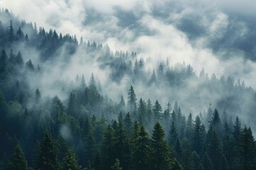 Aufkleber - A misty forest scene with numerous trees covered in fog. Ideal for creating a mysterious and atmospheric ambiance. Suitable for various uses