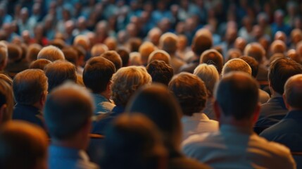 Poster - A large group of people sitting in front of a stage. Perfect for event or concert promotions