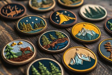 Poster - Wooden buttons with intricate embroidered designs displayed on a table. Perfect for crafts, fashion, or sewing projects