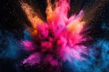 Poster - A vibrant pink and blue powder cloud suspended in the air. This image captures the dynamic and colorful movement of the powder particles. Ideal for various creative projects and designs