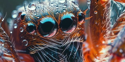 Poster - A detailed close-up of a spider with water droplets on its eyes. Perfect for nature enthusiasts and macro photography lovers
