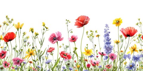 Poster - Colorful flowers arranged in a field, set against a white background. Ideal for use in spring-themed designs or floral presentations