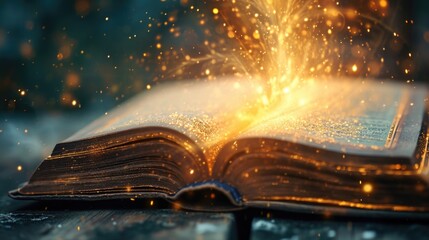 Wall Mural - An open book on a wooden table with sparkling lights emanating from its pages. This image can be used to represent imagination, inspiration, and creativity