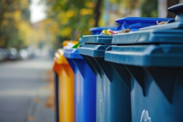 Poster - A row of blue and yellow trash cans. Can be used to depict waste management or recycling