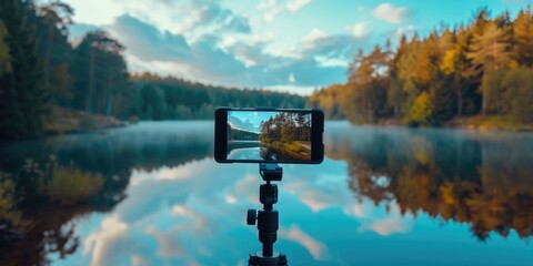 Poster - A cell phone sits on top of a tripod next to a serene lake. Perfect for capturing beautiful landscape photos.