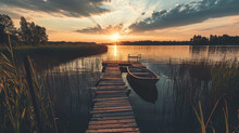Sunset Background With Wooden Old Boat And Wooden Pier In The Lake View. Peaceful Sunset. Fishery. Sunset Among The Clouds. Heartwarming High Quality Photos. Evening In Lake.