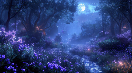 Wall Mural -  An enchanting forest where chocolate bunnies come to life, engaging in a friendly Easter egg hunt under the moonlight. 