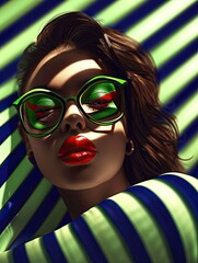 Canvas Print - Portrait of a gorgeous female model on a green and black stripy background. The woman is wearing pop-art funny glasses.