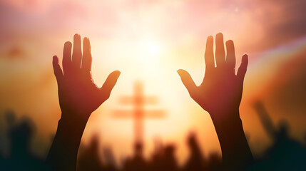Worship God concept: human rising hands over blurred cross background