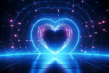 Wall Mural - Beautiful background with futuristic blue glowing heart, technology lights, sparkles and bokeh. Valentine's Day card