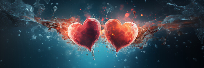 Wall Mural - Two red hearts with water splash effect banner. Valentine's Day. Panoramic web header with copy space. Wide screen wallpaper