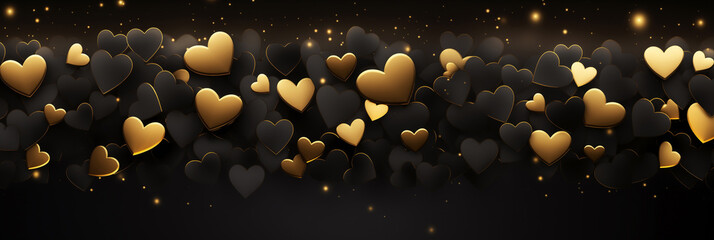 Wall Mural - Beautiful dark background banner with black and golden hearts. Valentine's Day. Panoramic web header with copy space. Wide screen wallpaper
