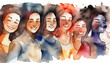Happy women group for International Women’s day , watercolor illustration, digital artwork