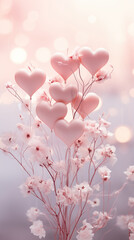 Wall Mural - Delicate pink airy pastel background with twigs and hearts. Valentine's Day card