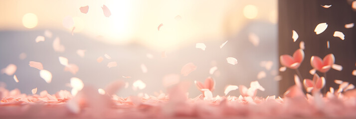 Wall Mural - Blurred cherry blossoms and petals against warm sunset banner, defocused dreamy spring ambiance. Panoramic web header. Wide screen wallpaper